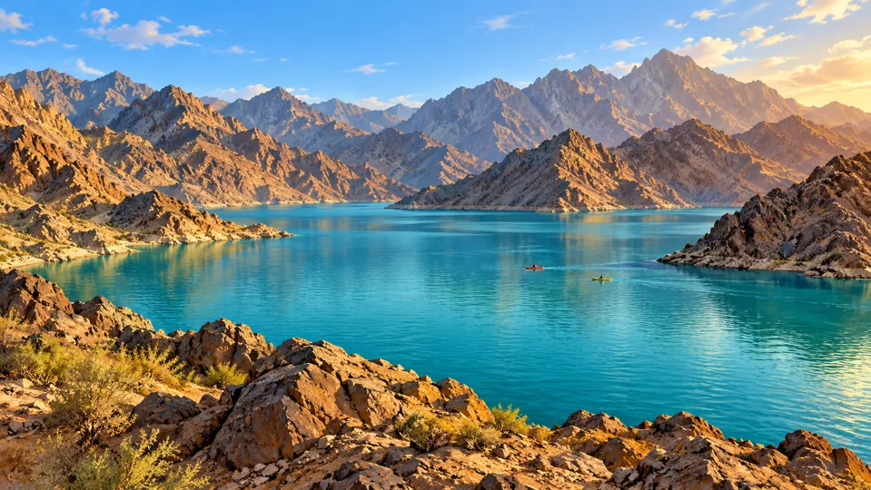 AI illustration of Hatta reservoir and the surrounding Hajar Mountains